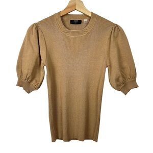 TAHARI Short Puff Sleeves Rib Knit Sweater Top, Camel Colour, Size Medium